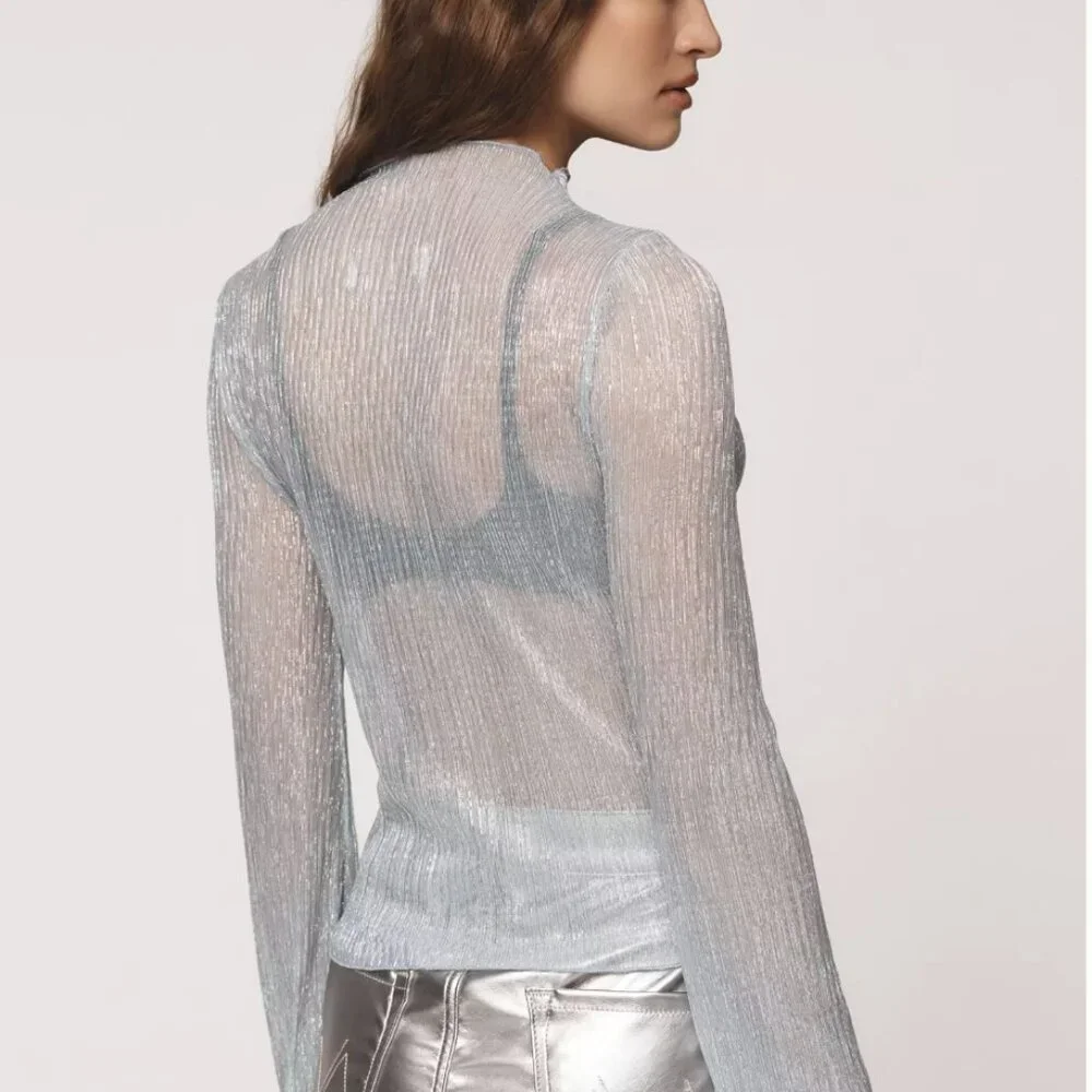 By Anthropologie Long-Sleeve Mock-Neck Metallic Top NWT - Picture 2 of 3